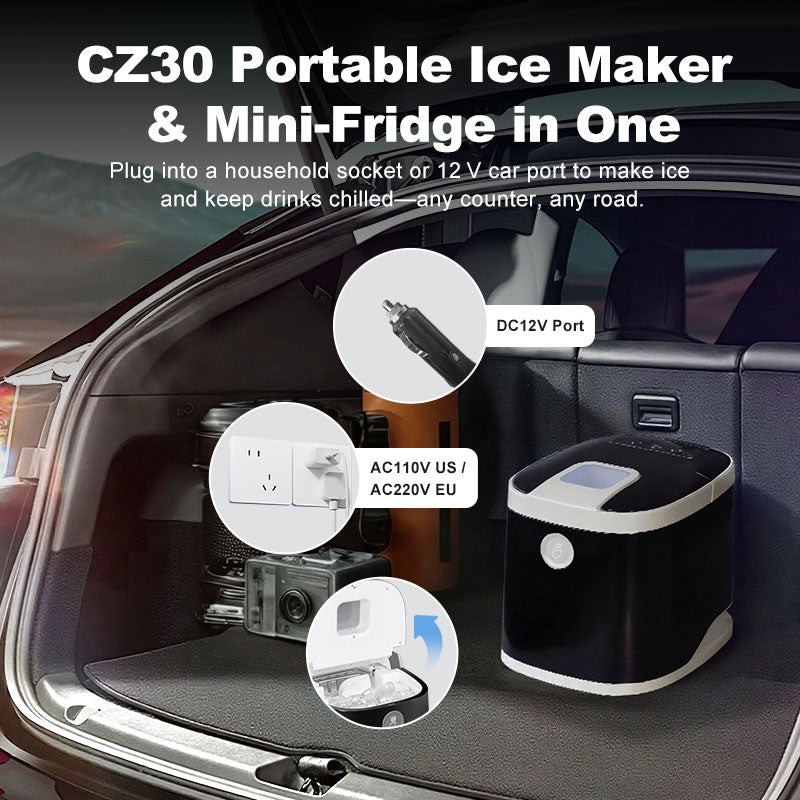 Portable Ice Maker for Car & Home, 22Lbs/Day by GSEICE shown in a car trunk with AC/DC ports, ideal for travel, RVs, and outdoor use.