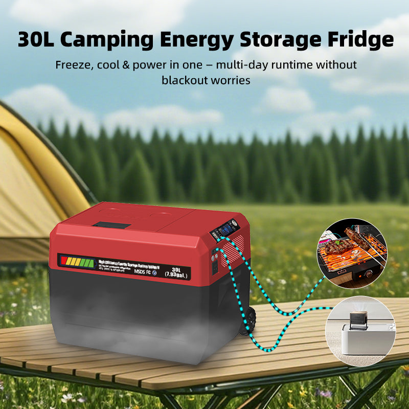 GSEICE Camping Fridge - 30L portable energy storage fridge with DC/AC power, shown on a camping table with power output connection.