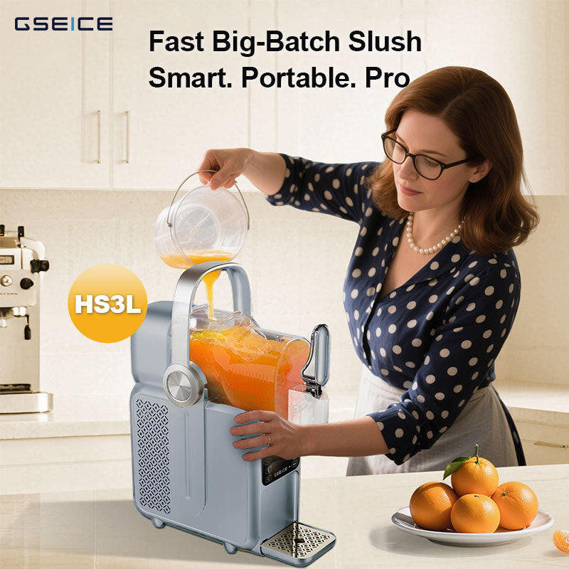 GSEICE Home Slushy Maker with Handle, 3L capacity, shown in use pouring orange juice for quick freeze slushies in a modern kitchen setting.