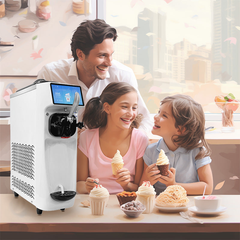 Home Use Ice Cream Machine - Soft Serve | Durable Pro Design shown in a family kitchen setting with children enjoying soft serve cones and desserts.