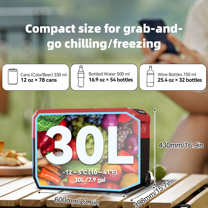 GSEICE Camping Fridge - 30L Portable Energy Storage with DC/AC power, fits 78 cans or 32 wine bottles, ideal for outdoor chilling and freezing.
