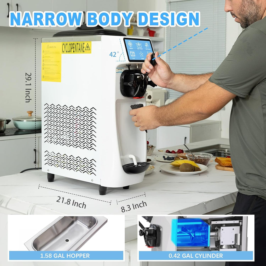 Home Use Ice Cream Machine - Soft Serve | Durable Pro Design in white, shown on a kitchen counter with dimensions and internal parts highlighted.