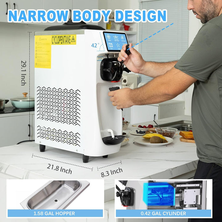 Home Use Ice Cream Machine - Soft Serve | Durable Pro Design in white, shown on a kitchen counter with dimensions and internal parts highlighted.