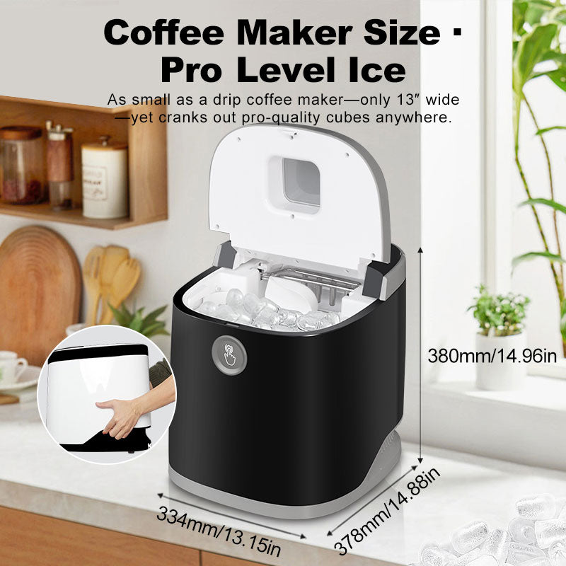 GSEICE portable ice maker for car and home producing 22lbs of ice daily, compact black design with open lid showing ice cubes inside.