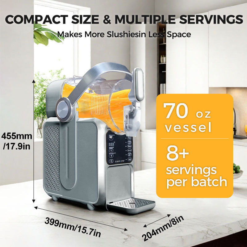 Home Slushy Maker with Handle, 3L by GSEICE shown on a kitchen counter, featuring a 70 oz vessel, ergonomic handle, and compact design for 8+ servings.