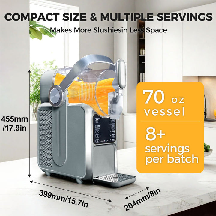 Home Slushy Maker with Handle, 3L by GSEICE shown on a kitchen counter, featuring a 70 oz vessel, ergonomic handle, and compact design for 8+ servings.