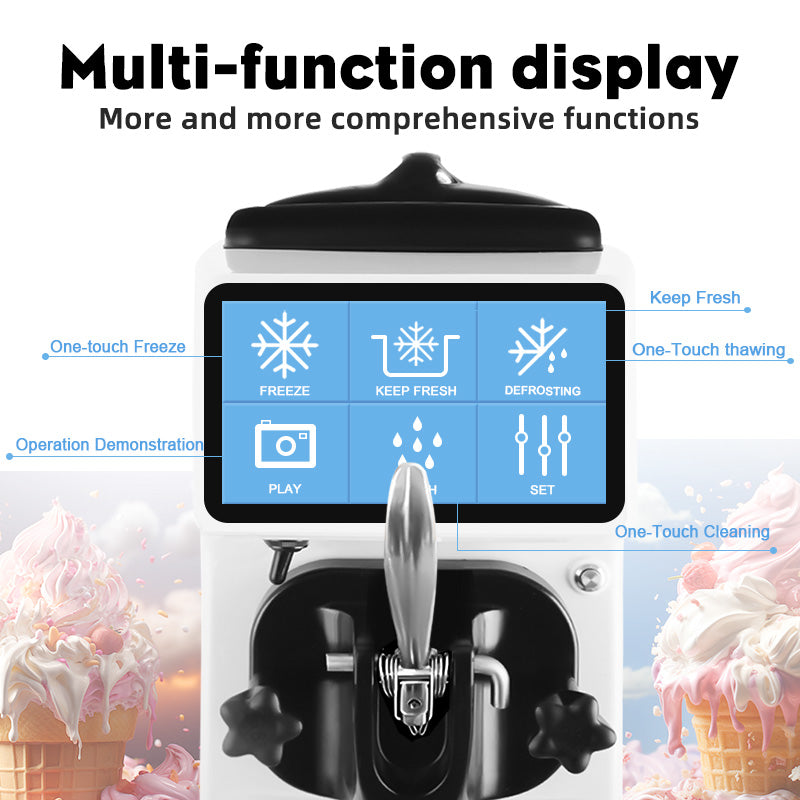 Home Use Ice Cream Machine - Soft Serve | Durable Pro Design with multi-function display showing freeze, keep fresh, defrost, and cleaning options.