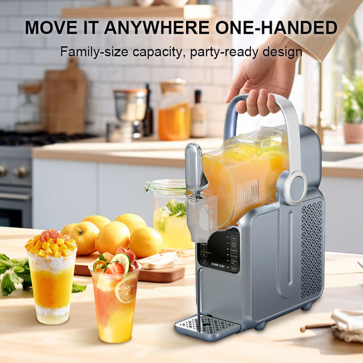 Home Slushy Maker with Handle, 3L by GSEICE shown dispensing colorful slush into a cup on a kitchen counter. Features ergonomic handle and LED display.