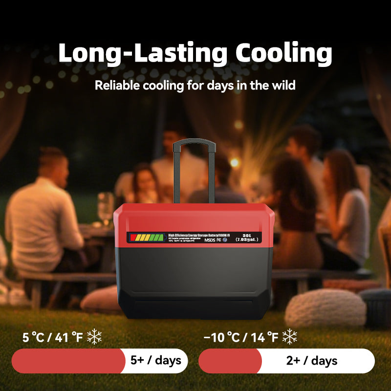 GSEICE Camping Fridge - 30L Portable Energy Storage offers long-lasting cooling for 5+ days at 5°C and 2+ days at -10°C, ideal for outdoor use.