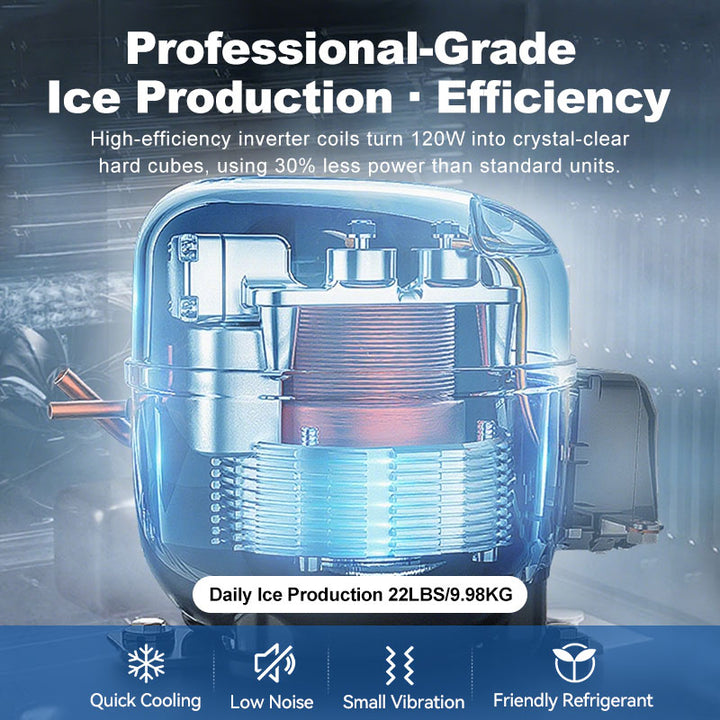 Professional-grade GSEICE portable ice maker with high-efficiency inverter coils producing 22lbs of ice daily for car and home use.