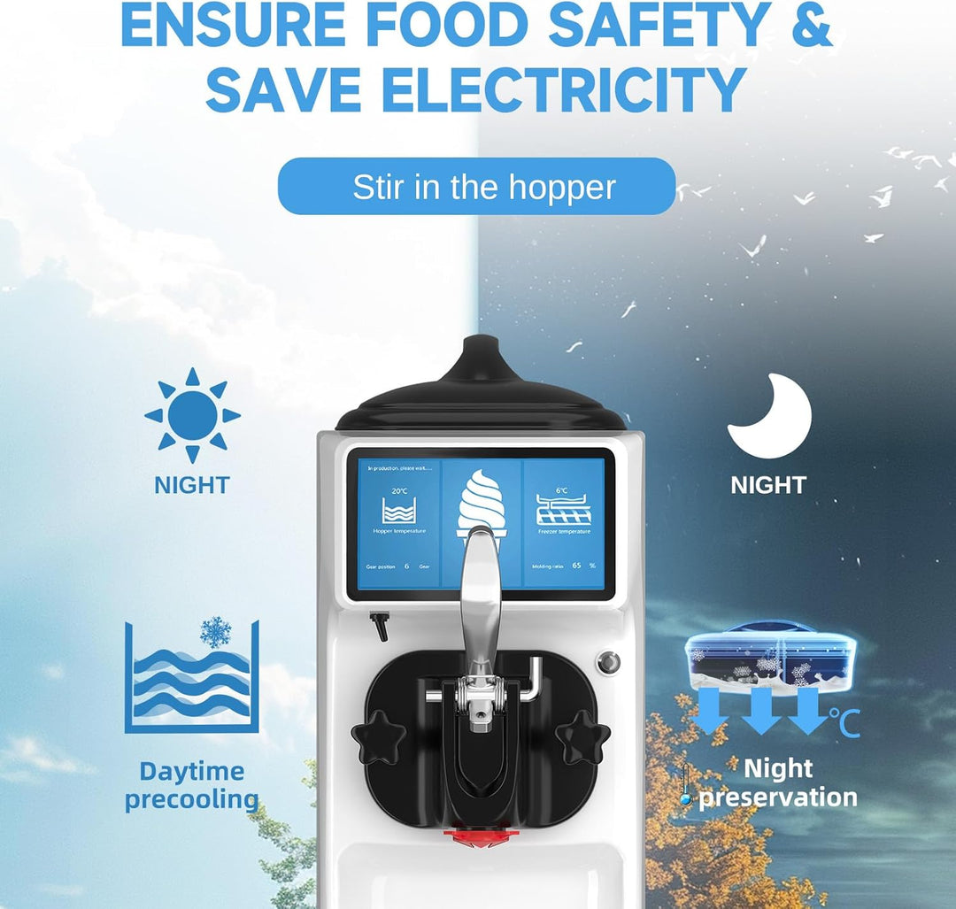 Home use ice cream machine with durable pro design in white, featuring daytime precooling and night preservation for energy efficiency and food safety.