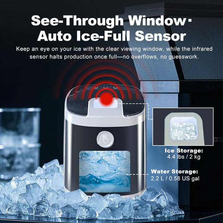 GSEICE portable ice maker with see-through window and auto ice-full sensor, producing 22lbs/day for car and home use. Compact design with 2.2L water tank.