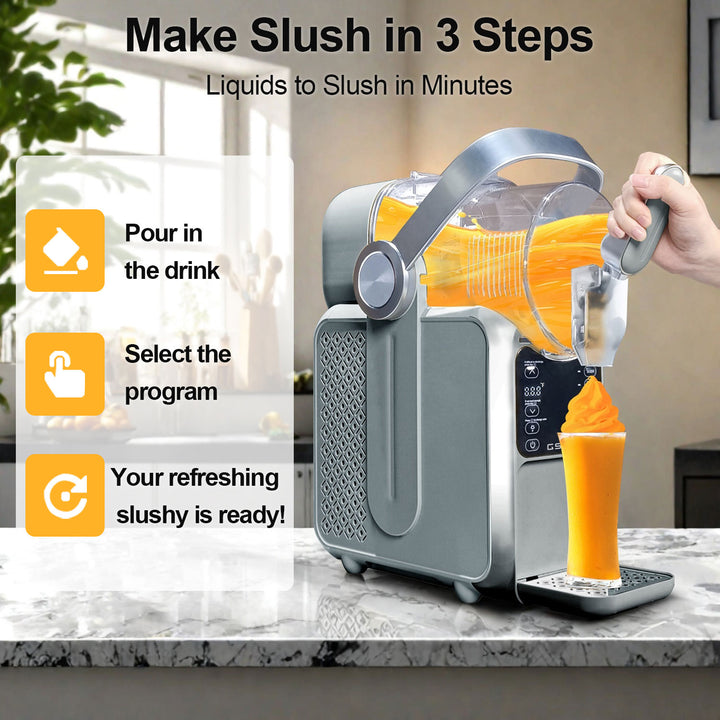 GSEICE Home Slushy Maker with Handle, 3L capacity, shown on a kitchen counter dispensing orange slush with LED lighting and ergonomic design.