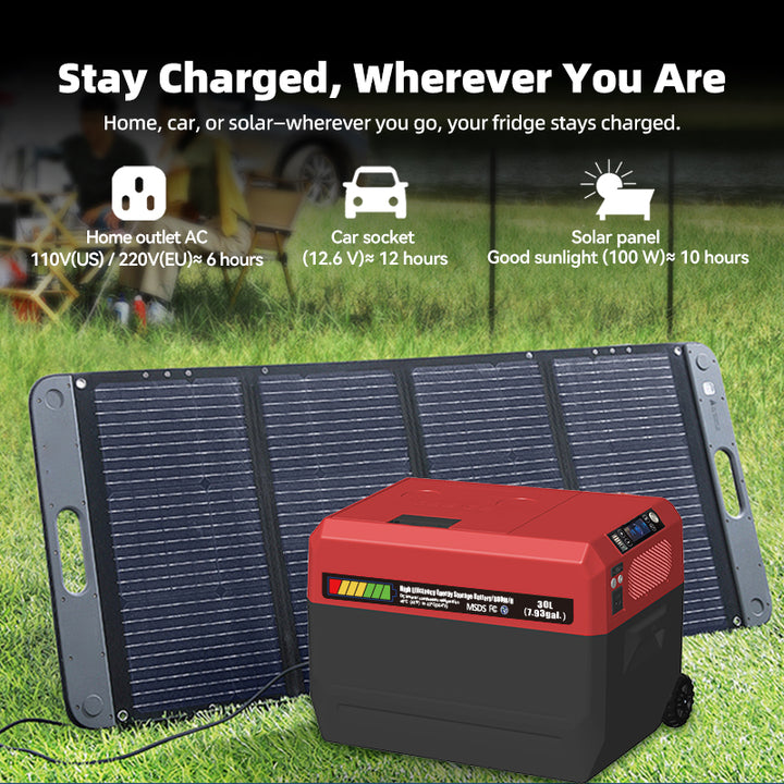 GSEICE Camping Fridge - 30L Portable Energy Storage with solar panel, supports DC/AC power for outdoor use. Ideal for camping and travel cooling needs.