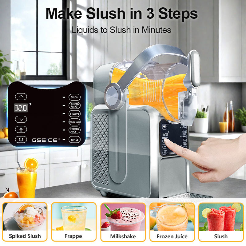 Home Slushy Maker with Handle, 3L by GSEICE shown in a kitchen setting, featuring LED display, ergonomic handle, and slush pouring action. Ideal for making slush, milkshakes, frappes, and frozen juice with precise cooling and quick freeze technology.