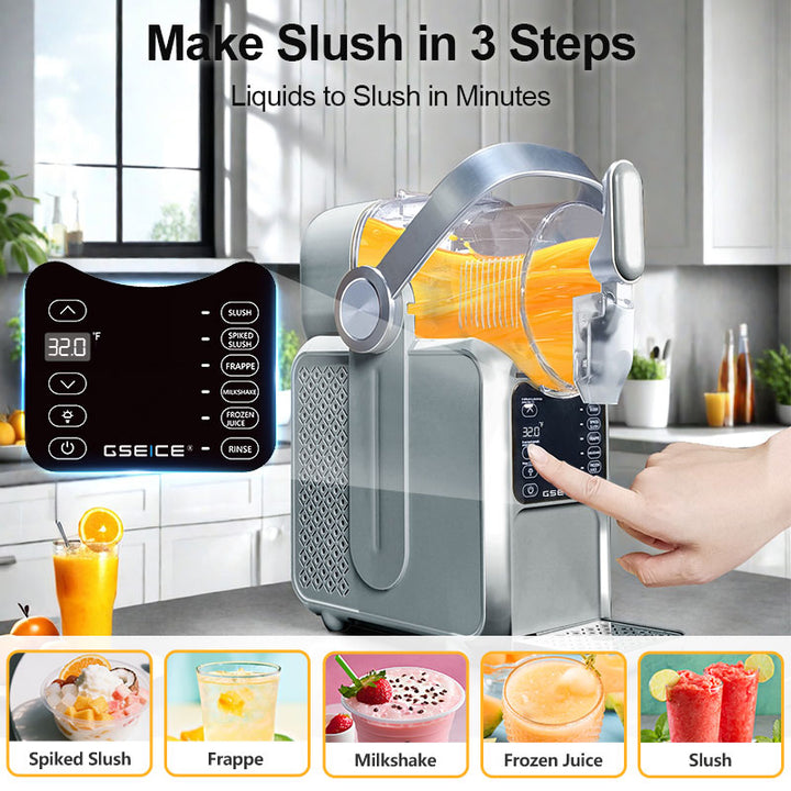 Home Slushy Maker with Handle, 3L by GSEICE shown in a kitchen setting, featuring LED display, ergonomic handle, and slush pouring action. Ideal for making slush, milkshakes, frappes, and frozen juice with precise cooling and quick freeze technology.