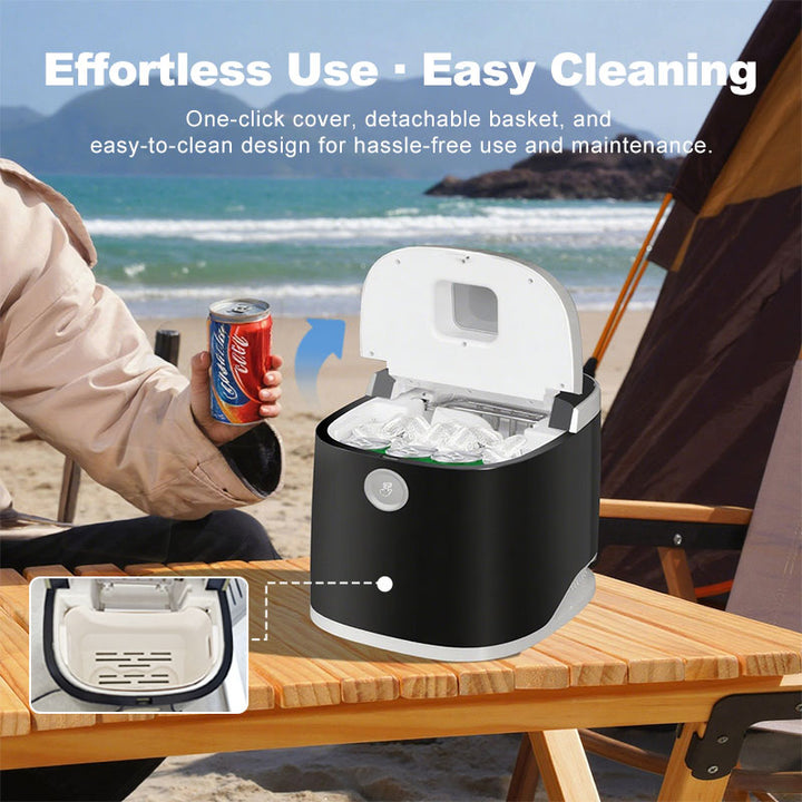 Portable Ice Maker for Car & Home, 22Lbs/Day by GSEICE shown on a beachside table with open lid and ice inside. Compact DC/AC design ideal for travel.