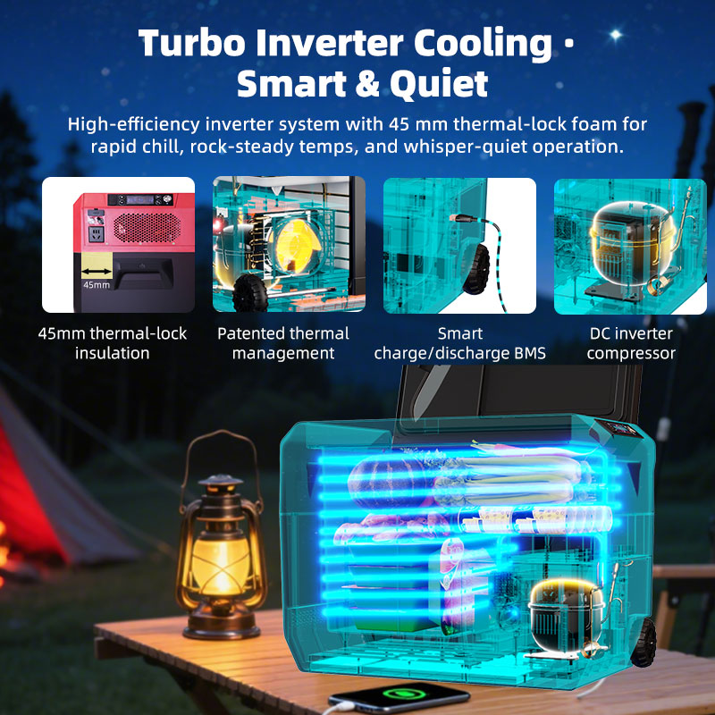 GSEICE 20L Camping Fridge with turbo inverter cooling, DC inverter compressor, and smart battery management for quiet outdoor refrigeration.