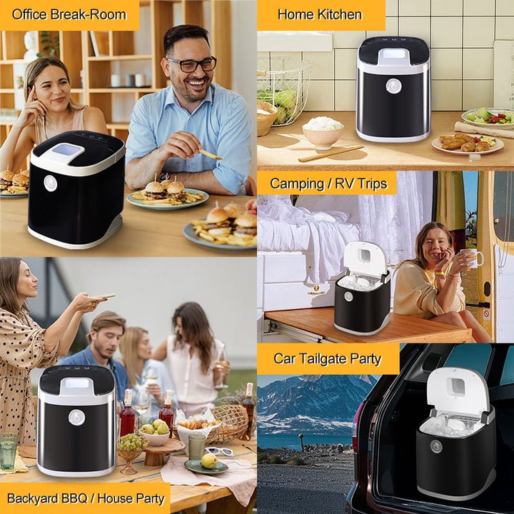 GSEICE portable ice maker for car and home shown in various settings including office, kitchen, camping, BBQ, and tailgate party use.