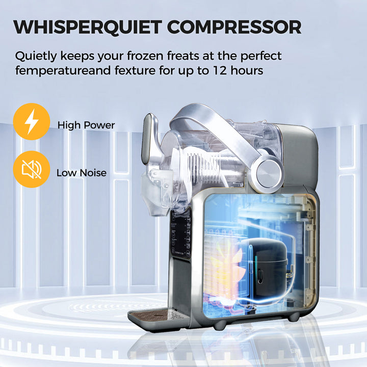 Home Slushy Maker with Handle, 3L by GSEICE featuring a whisper-quiet compressor and cutaway view of internal cooling system. Ideal for home or party use.