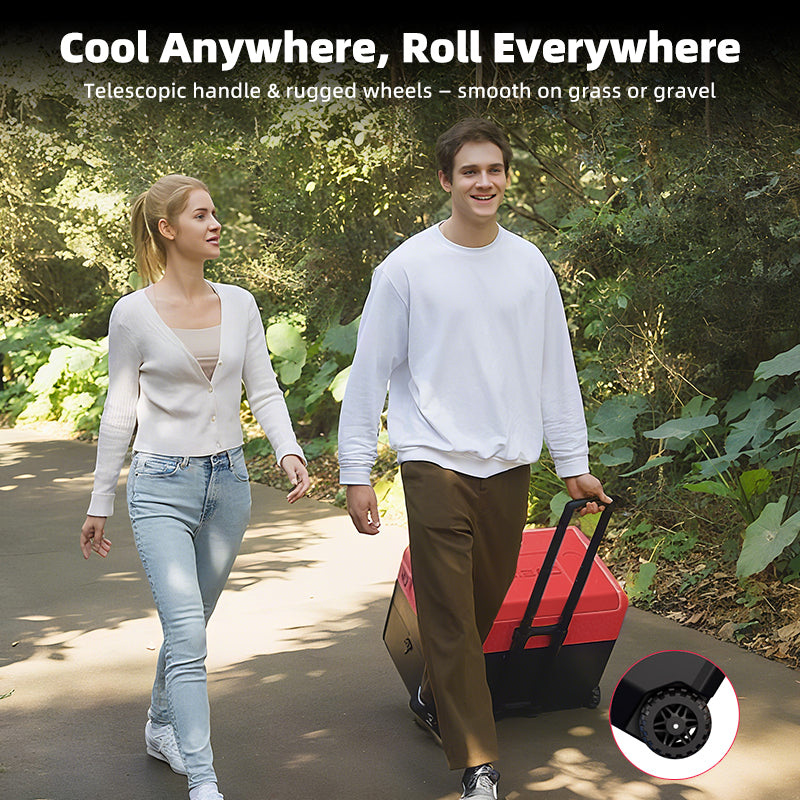 GSEICE Camping Fridge - 30L Portable Energy Storage with telescopic handle and rugged wheels, ideal for outdoor use on grass or gravel.
