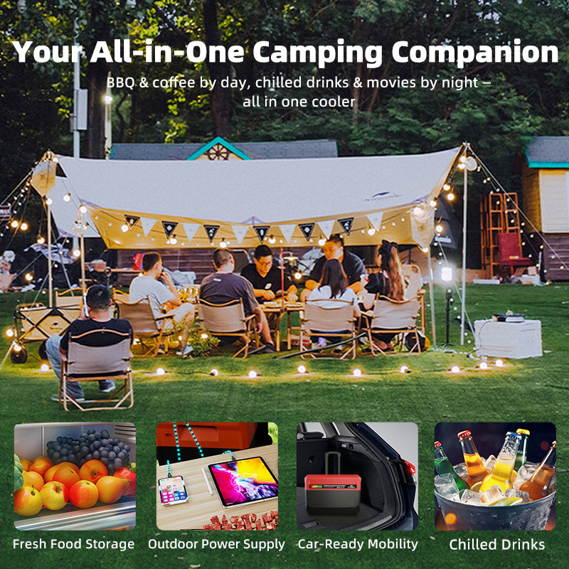 GSEICE Camping Fridge - 30L Portable Energy Storage shown in outdoor camping setup with lights, ideal for food storage, power supply, and chilled drinks.