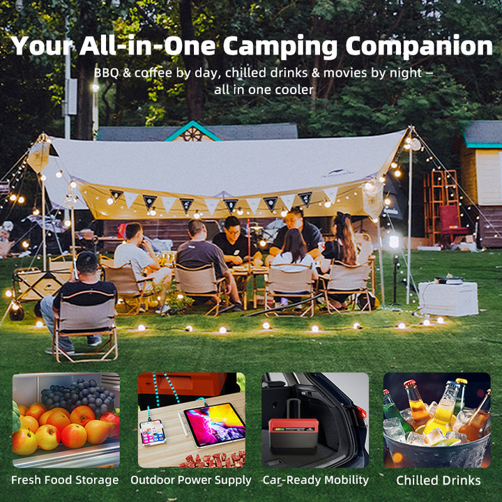 GSEICE Camping Fridge - 30L Portable Energy Storage shown in outdoor camping setup with lights, ideal for food storage, power supply, and chilled drinks.
