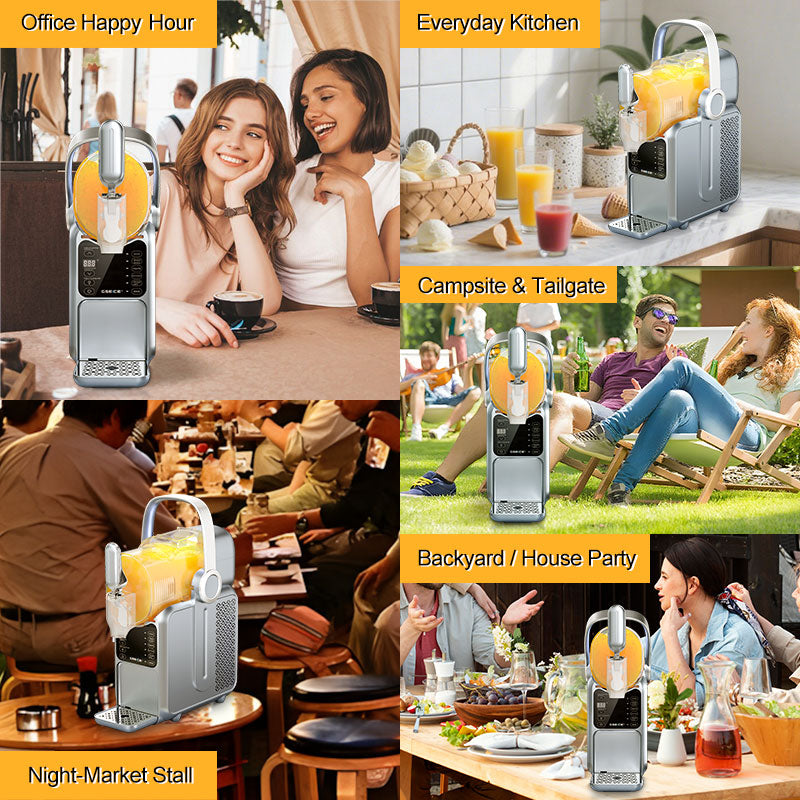 GSEICE Home Slushy Maker with Handle, 3L shown in various settings like office, kitchen, and parties, highlighting its portability and quick freeze feature.