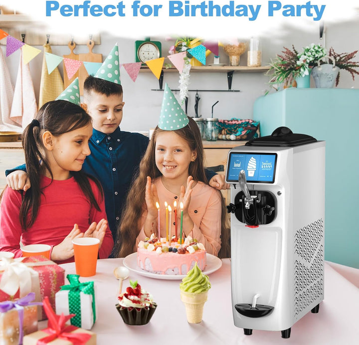 Home Use Ice Cream Machine - Soft Serve | Durable Pro Design shown at a kids' birthday party with cake and decorations, ideal for family events.